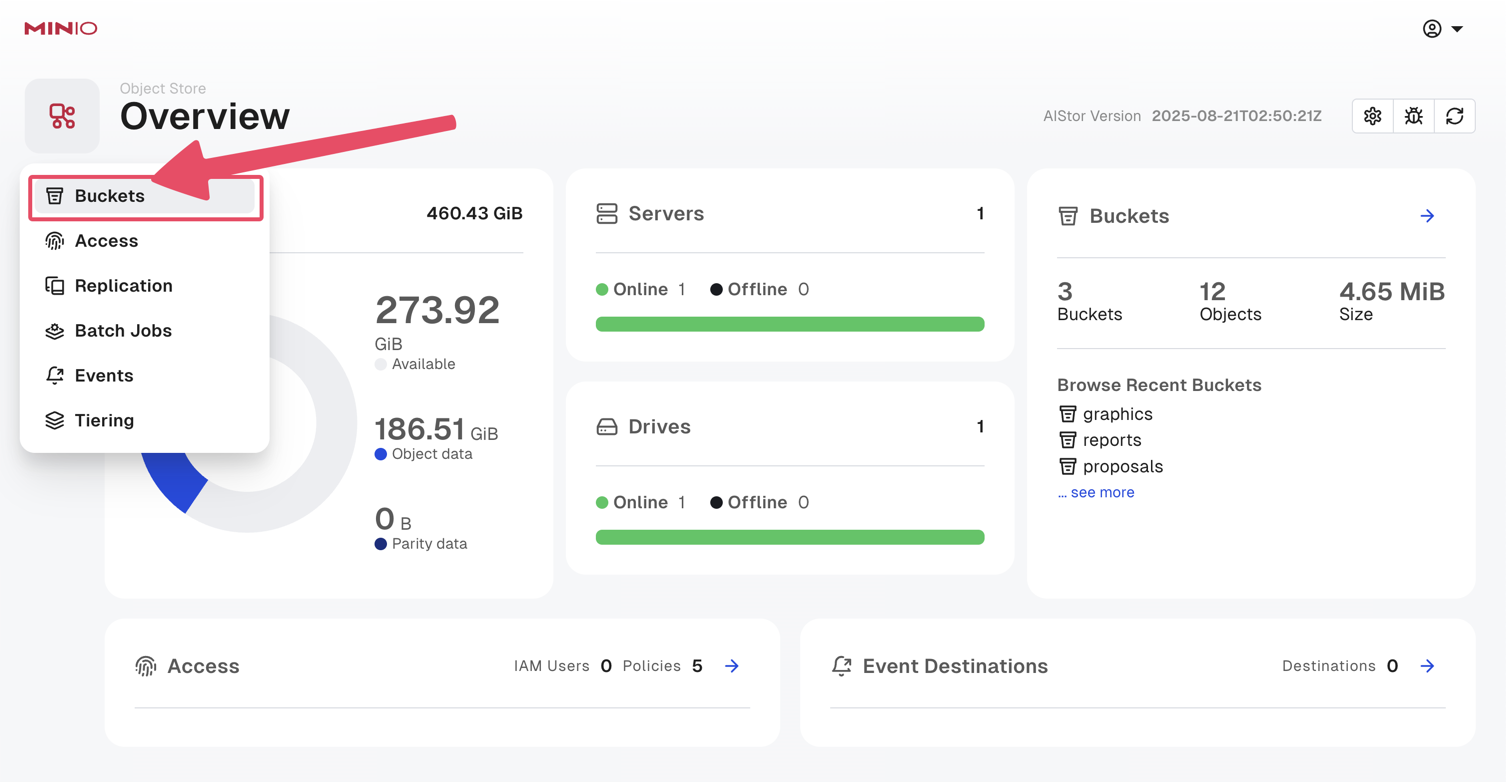 MinIO AIStor Console Bucket Management