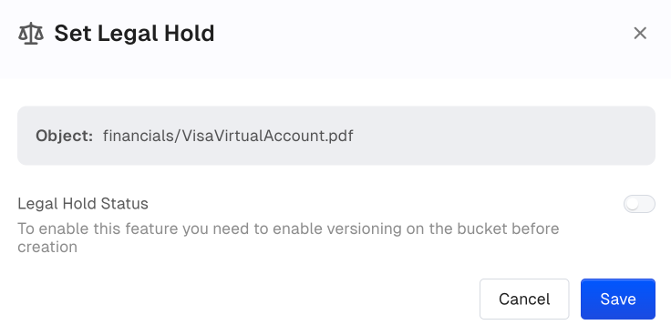 Set legal hold modal