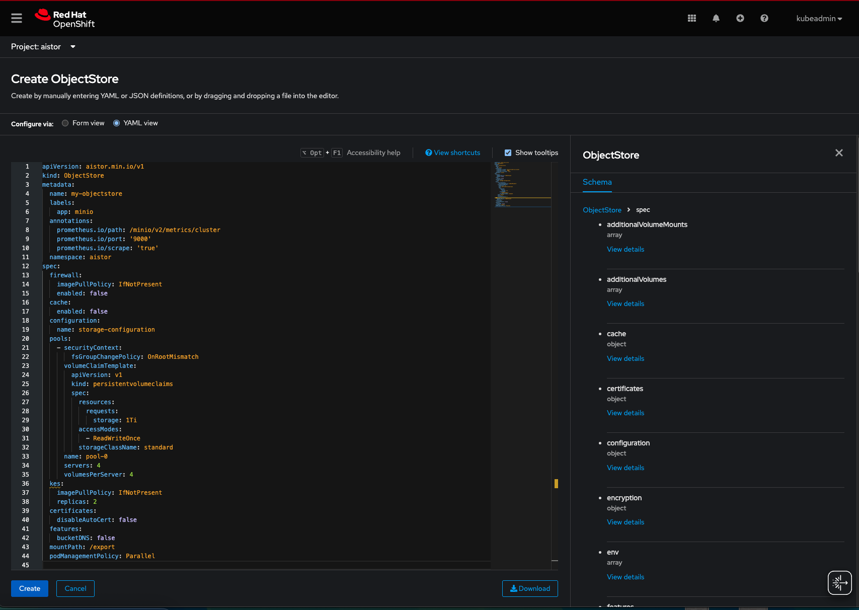 The OpenShift UI showing the MinIO AIStor Operator object store creation form.
