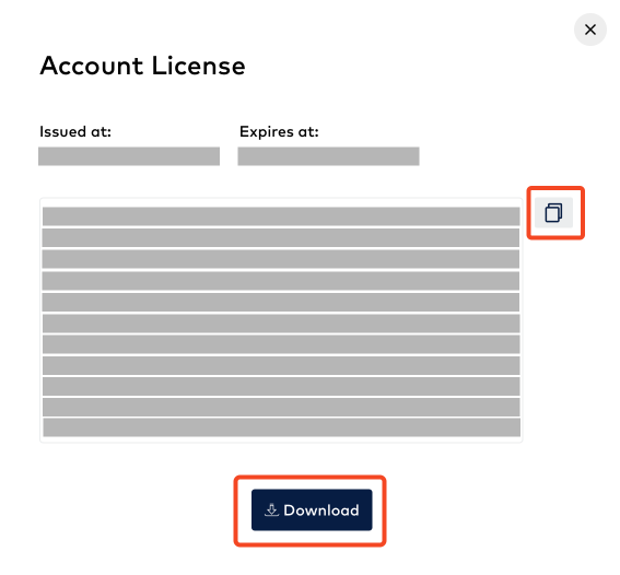 Modal of the MinIO License with copy and download options highlighted with red boxes